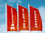 Sparset mit 3 Auslegerfahnen in 150 x 500 cm. Der Sparpreis gilt auch bei mehreren Motiven