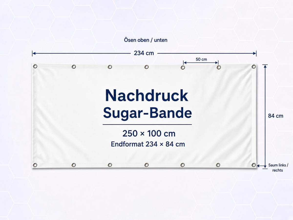 Sugar-Bande Druck 250 x 100 cm Nachdruck Nachdruck Sugar-Bande 250 x 100 cm: Banner 234 x 84 cm mit Ösen oben und unten alle 50 cm, Saum links und rechts